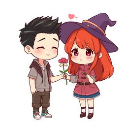 A full-body chibi-style illustration featuring a handsome, slim young adult boy and a curvy, plus-sized young adult witch girl of the same age and height