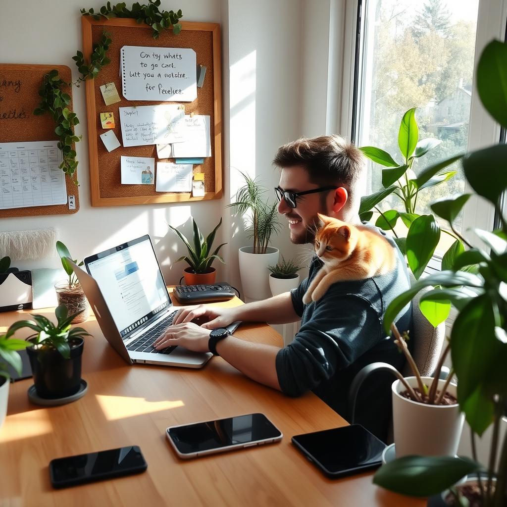 A happy freelancer working from a cozy home office, surrounded by plants and a cat lounging on the desk