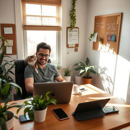 A happy freelancer working from a cozy home office, surrounded by plants and a cat lounging on the desk