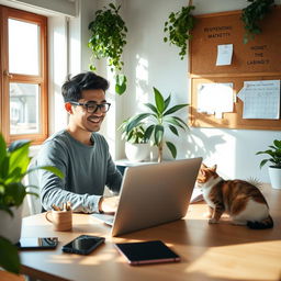 A happy freelancer working from a cozy home office, surrounded by plants and a cat lounging on the desk