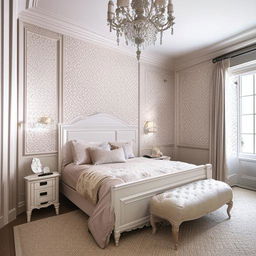 A modern French-inspired bedroom with elegant wall designs and a calming color scheme