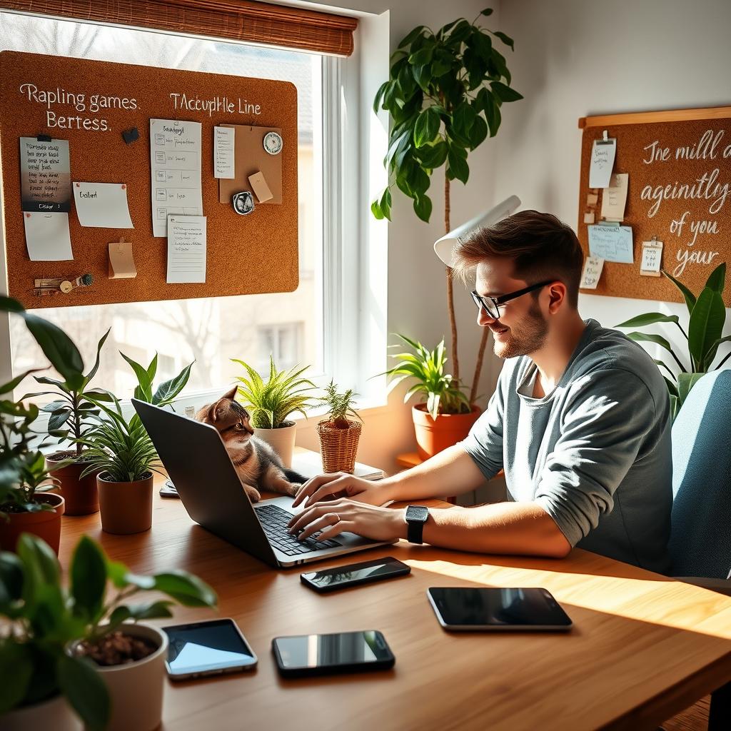 A happy freelancer working from a cozy home office, surrounded by plants and a cat lounging on the desk