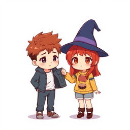 A full-body chibi-style illustration featuring a handsome, slim young adult boy and a curvy, plus-sized young adult witch girl, both the same age and height