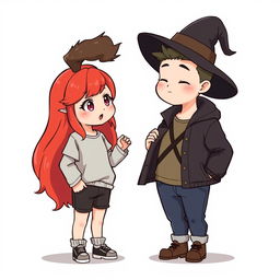 A full-body chibi-style illustration featuring a handsome, slim young adult boy and a curvy, plus-sized young adult witch girl, both the same age and height