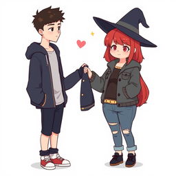 A full-body chibi-style illustration featuring a handsome, slim young adult boy and a curvy, plus-sized young adult witch girl, both the same age and height