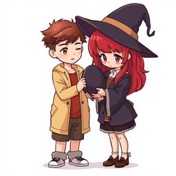 A full-body chibi-style illustration featuring a handsome, slim young adult boy and a curvy, plus-sized young adult witch girl of the same age and height