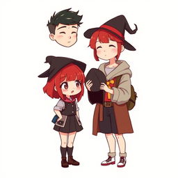 A full-body chibi-style illustration featuring a handsome, slim young adult boy and a curvy, plus-sized young adult witch girl of the same age and height