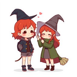 A full-body chibi-style illustration featuring a handsome, slim young adult boy and a curvy, plus-sized young adult witch girl of the same age and height