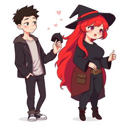 A full-body chibi-style illustration featuring a handsome, slim young adult boy and a curvy, plus-sized young adult witch girl of the same age and height