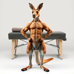 A muscular kangaroo with defined muscles standing confidently in front of a massage table