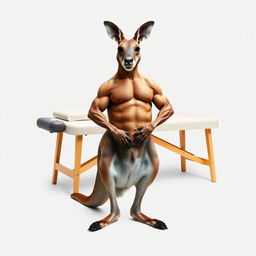 A muscular kangaroo with defined muscles standing confidently in front of a massage table