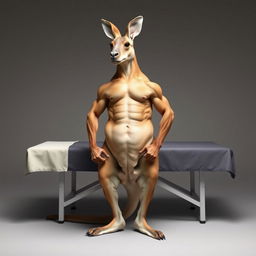 A muscular kangaroo with defined muscles standing confidently in front of a massage table