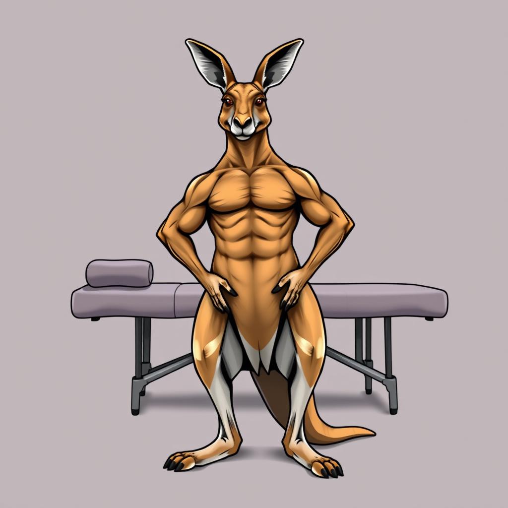 A muscular kangaroo with defined muscles standing confidently in front of a massage table