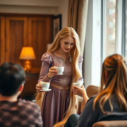 A mother resembling Princess Rapunzel with very long, silky golden hair, left flowing and unbound