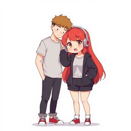 A full-body chibi-style illustration featuring a handsome, slim young adult boy and a curvy, plus-sized young adult witch girl of the same age and height