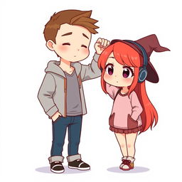 A full-body chibi-style illustration featuring a handsome, slim young adult boy and a curvy, plus-sized young adult witch girl of the same age and height