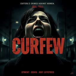 A powerful movie poster for a film titled 'CURFEW', with a 'yell' theme that emphasizes crimes against women