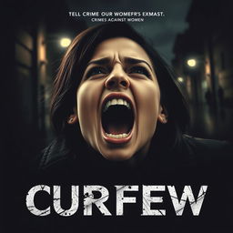 A powerful movie poster for a film titled 'CURFEW', with a 'yell' theme that emphasizes crimes against women