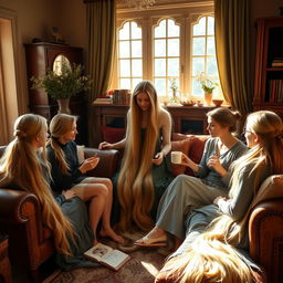 A majestic mother resembling the princess Rapunzel, with incredibly long, silky, golden hair flowing down freely, not tied up