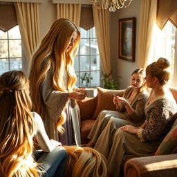 A majestic mother resembling the princess Rapunzel, with incredibly long, silky, golden hair flowing down freely, not tied up