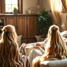 A majestic mother resembling the princess Rapunzel, with incredibly long, silky, golden hair flowing down freely, not tied up