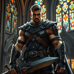 A rugged and muscular male paladin with a mysterious aura, showcasing elements of a criminal background