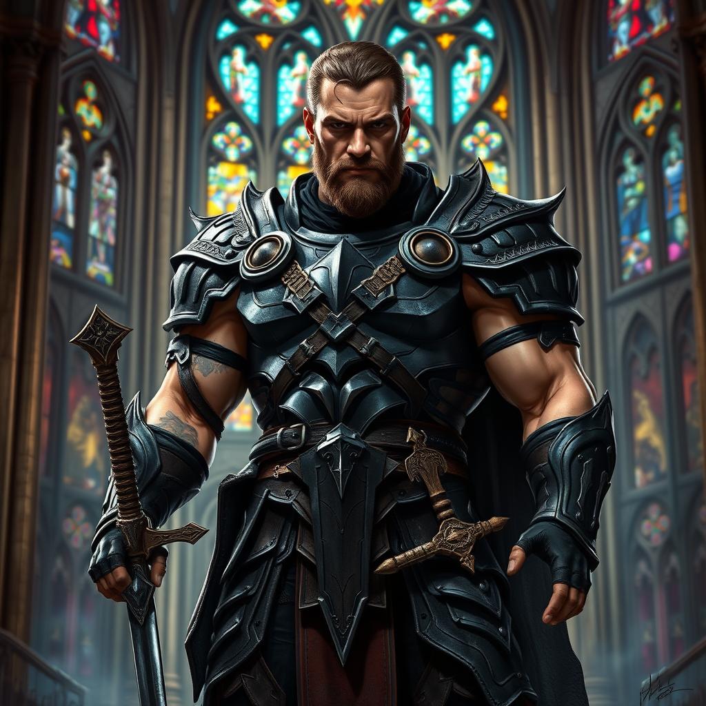 A rugged and muscular male paladin with a mysterious aura, showcasing elements of a criminal background