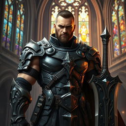 A rugged and muscular male paladin with a mysterious aura, showcasing elements of a criminal background