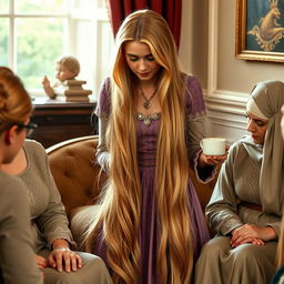 A mother resembling Princess Rapunzel with very long, silky, golden hair that is loose and untied