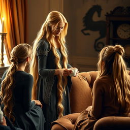 A mother resembling Princess Rapunzel with very long, silky, golden hair that is loose and untied