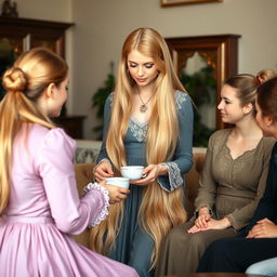 A mother resembling Princess Rapunzel with very long, silky, golden hair that is loose and untied