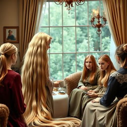 A mother resembling Princess Rapunzel with very long, silky, golden hair that is loose and untied