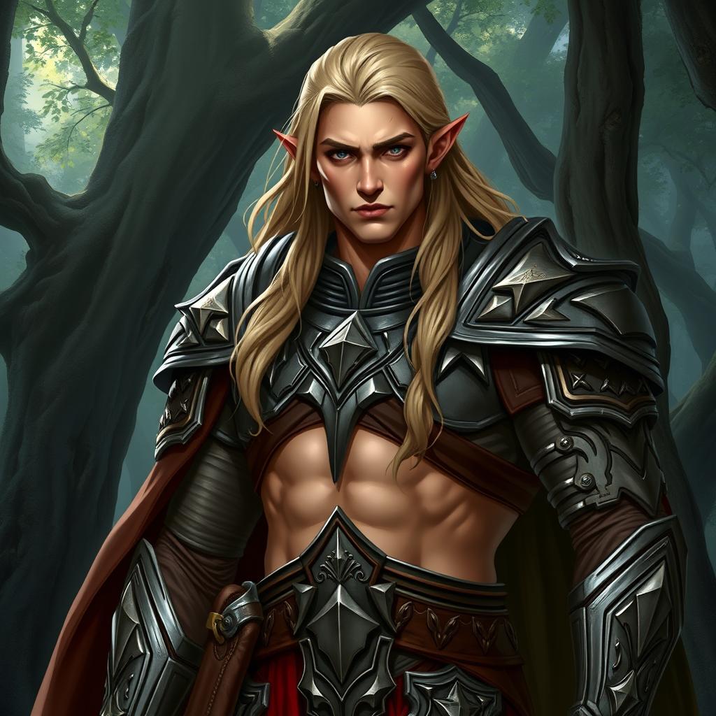 A male half-elf paladin, exuding a strong and commanding presence, with sharp elven features and long, flowing hair