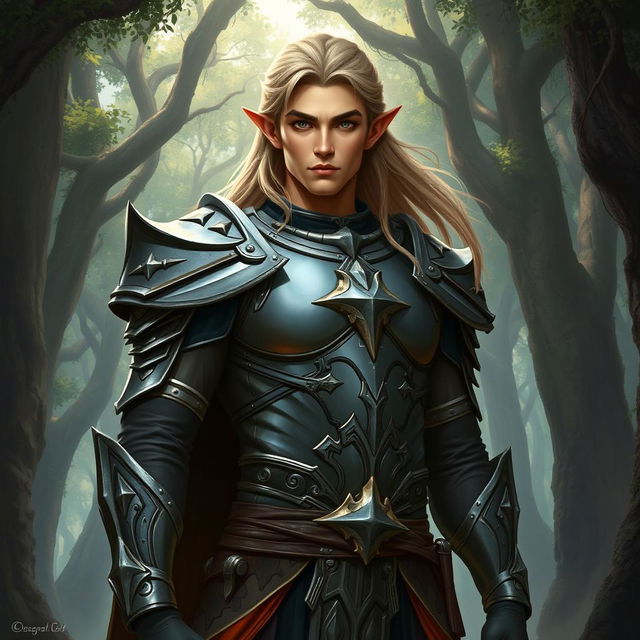 A male half-elf paladin, exuding a strong and commanding presence, with sharp elven features and long, flowing hair