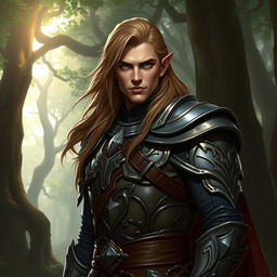 A male half-elf paladin, exuding a strong and commanding presence, with sharp elven features and long, flowing hair