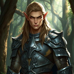 A male half-elf paladin, exuding a strong and commanding presence, with sharp elven features and long, flowing hair