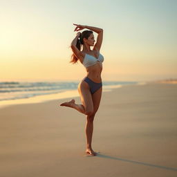 A stunning, fit woman performing yoga on a wide and pristine beach at dawn, showcasing her flexibility and beautifully toned physique