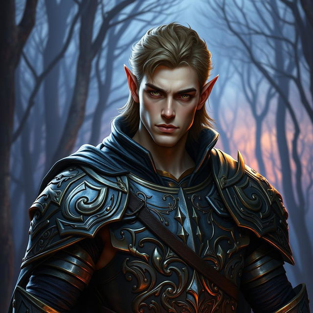 A male half-elf paladin, radiating a captivating blend of elegance and ruggedness, depicted with sharp elven features and an athletic build