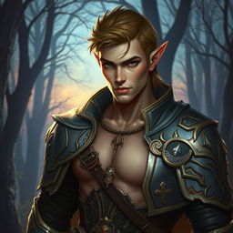 A male half-elf paladin, radiating a captivating blend of elegance and ruggedness, depicted with sharp elven features and an athletic build