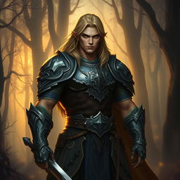 A male half-elf paladin, standing with a commanding presence amidst a mystical forest