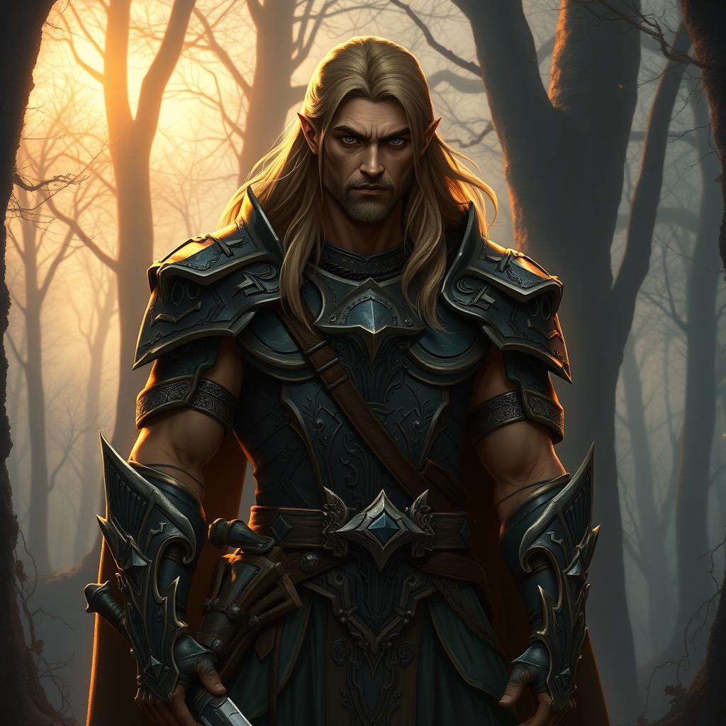 A male half-elf paladin, standing with a commanding presence amidst a mystical forest