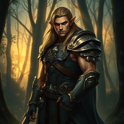 A male half-elf paladin, standing with a commanding presence amidst a mystical forest