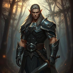 A male half-elf paladin, standing with a commanding presence amidst a mystical forest