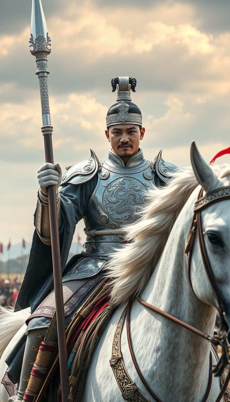 A young ancient Chinese noble general from the Song Dynasty, clad in gleaming silver armor, with intricate dragon motifs engraved on the breastplate