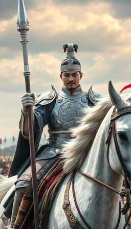 A young ancient Chinese noble general from the Song Dynasty, clad in gleaming silver armor, with intricate dragon motifs engraved on the breastplate