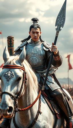 A young ancient Chinese noble general from the Song Dynasty, clad in gleaming silver armor, with intricate dragon motifs engraved on the breastplate