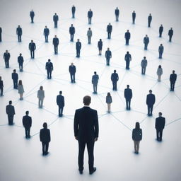 Generate an image of a person standing amidst a network of connecting lines symbolizing relationships and teamwork. The individual stands as a beacon of proficiency in team management, orchestrating the connections efficiently.