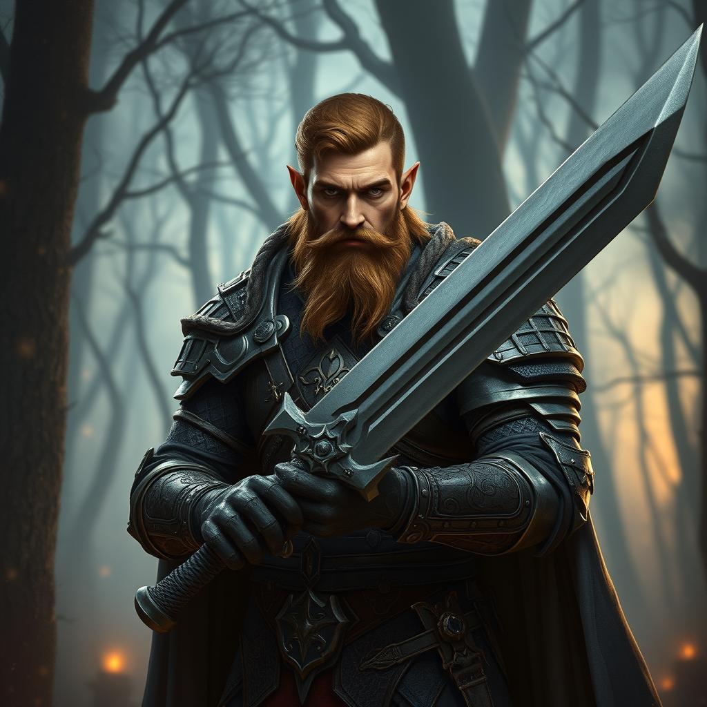 A male half-elf paladin with a rugged beard and commanding presence, his sharp elven features and muscular build accentuated by a hint of mystery from his criminal background