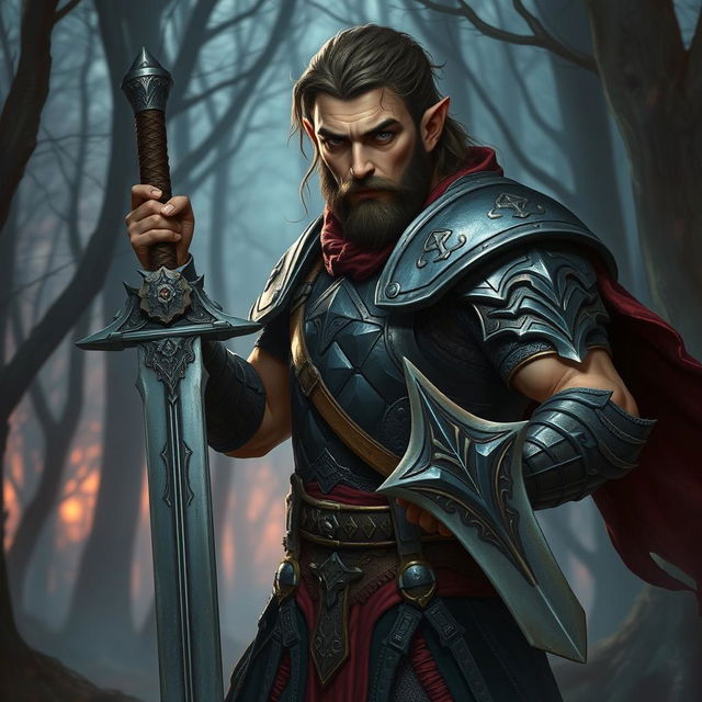 A male half-elf paladin with a rugged beard and commanding presence, his sharp elven features and muscular build accentuated by a hint of mystery from his criminal background