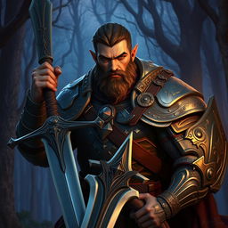 A male half-elf paladin with a rugged beard and commanding presence, his sharp elven features and muscular build accentuated by a hint of mystery from his criminal background